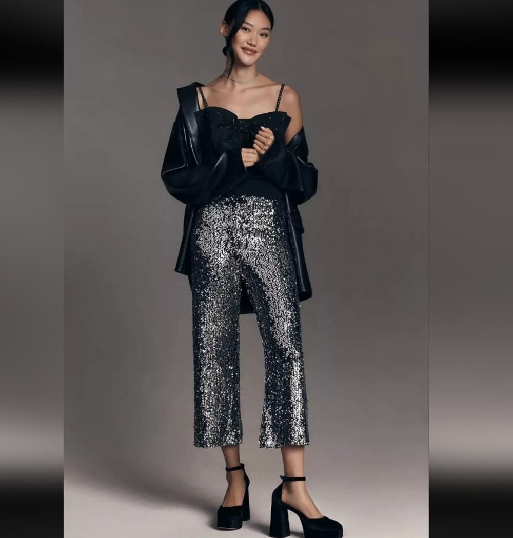 Maeve Anthropologie The Colette Cropped Wide-Leg Sequin Trousers Sparkly Fairy